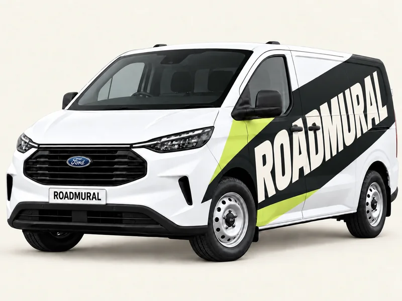 Ford Transit Custom met Roadmural-belettering — conceptillustratie